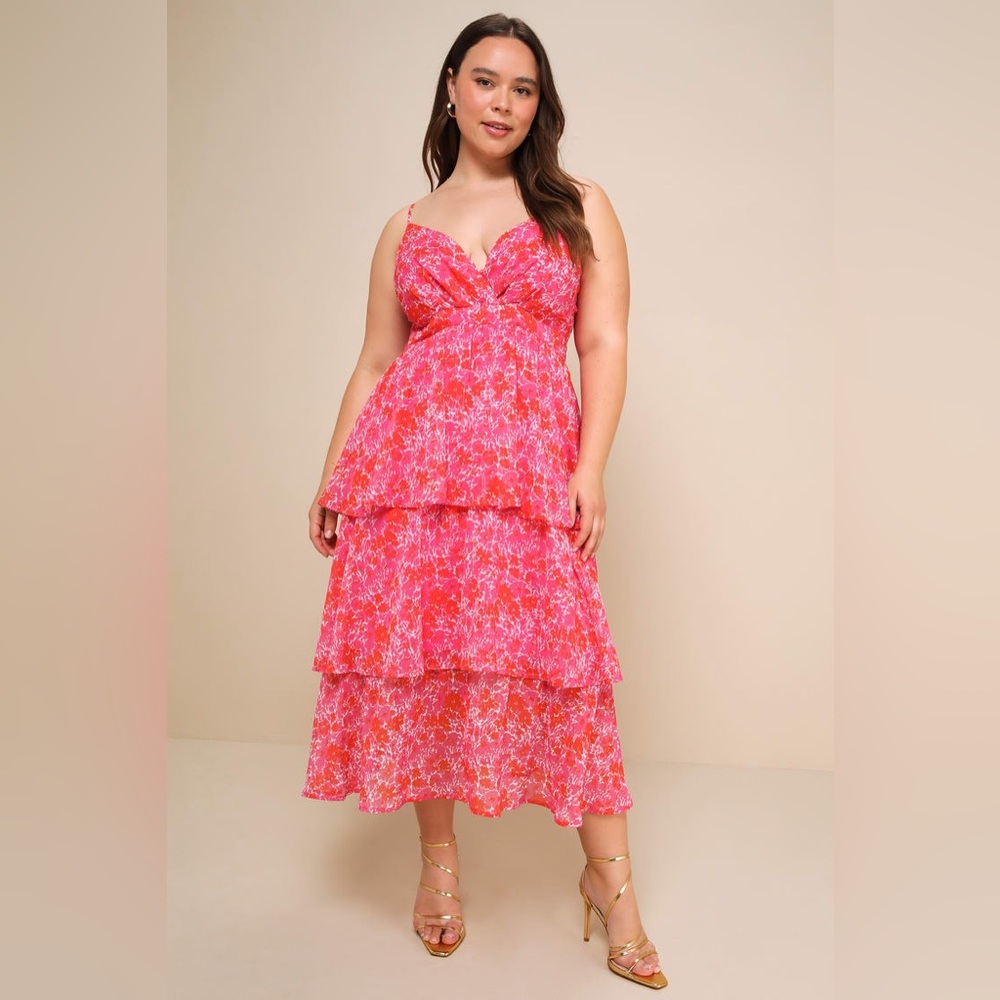 Lulus Pink Floral Print Lurex Tiered Midi Dress